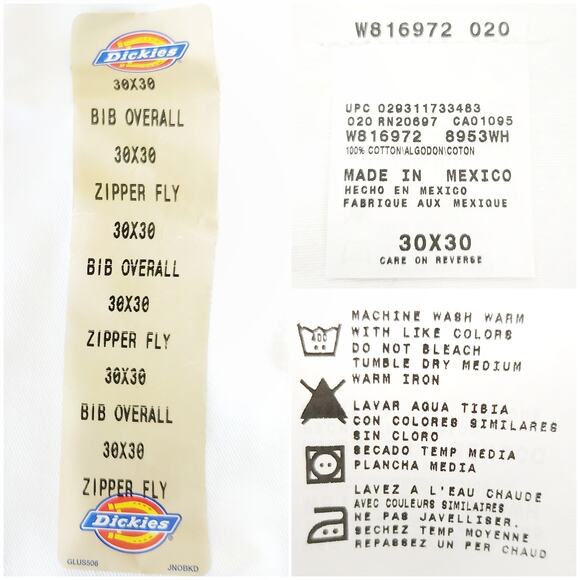 DICKIES Traditional Fit white classic denim Painters Bib Overalls Sz 30 x 30 NEW - Picture 6 of 7